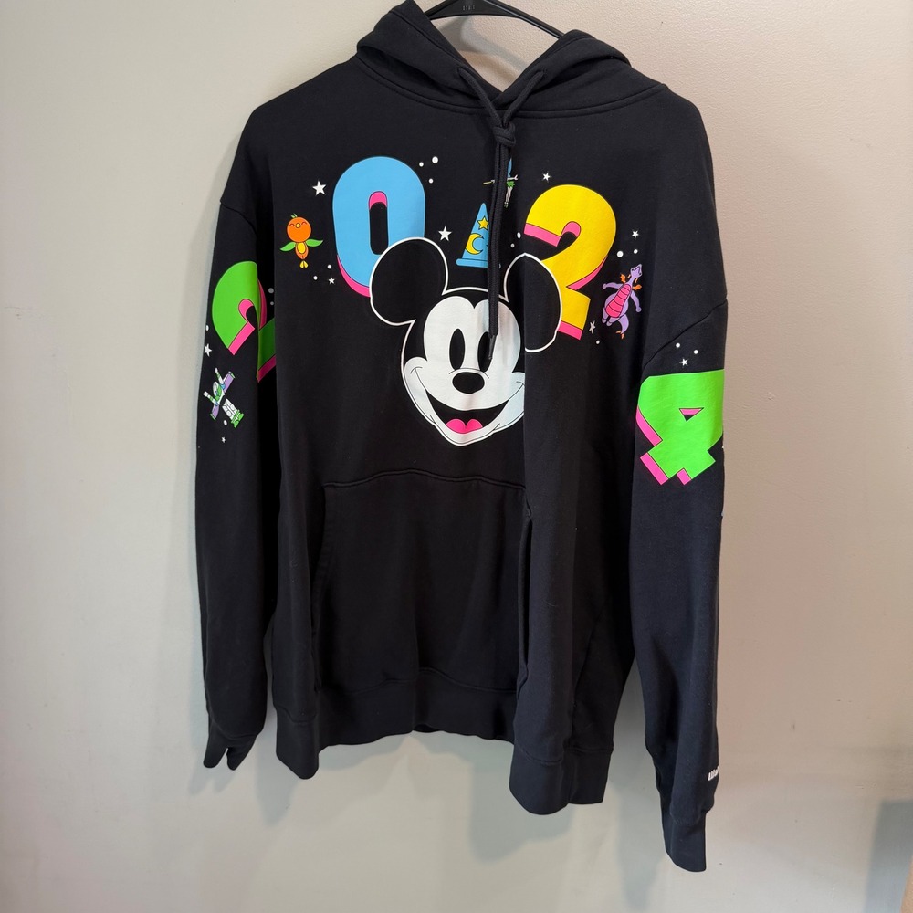 Disney World 2024 Mickey Mouse Neon Graphic Hoodie Black Mens Large J1